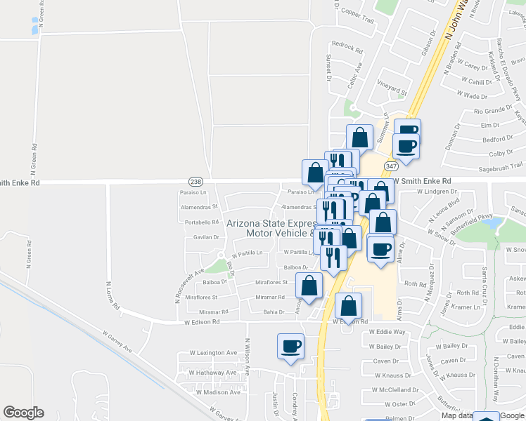 map of restaurants, bars, coffee shops, grocery stores, and more near 45017 Alamendras Street in Maricopa