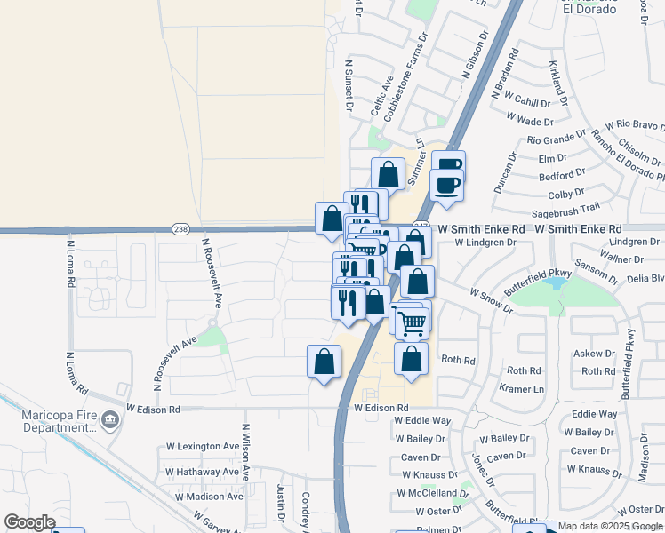 map of restaurants, bars, coffee shops, grocery stores, and more near 44728 Portabello Road in Maricopa