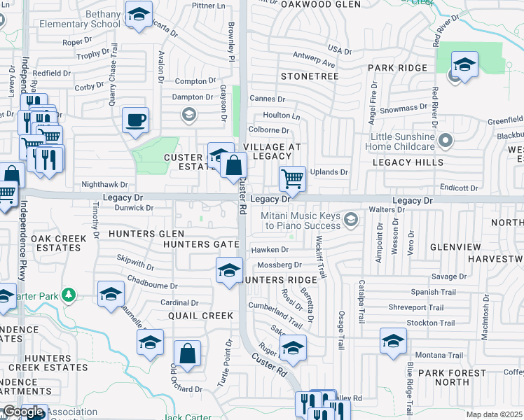 map of restaurants, bars, coffee shops, grocery stores, and more near 2117 Legacy Dr in Plano