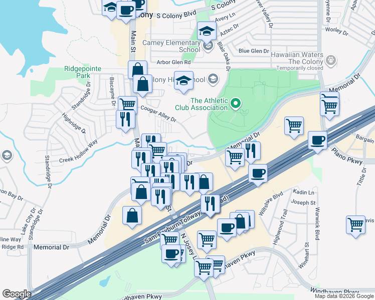 map of restaurants, bars, coffee shops, grocery stores, and more near 4777 Memorial Drive in The Colony