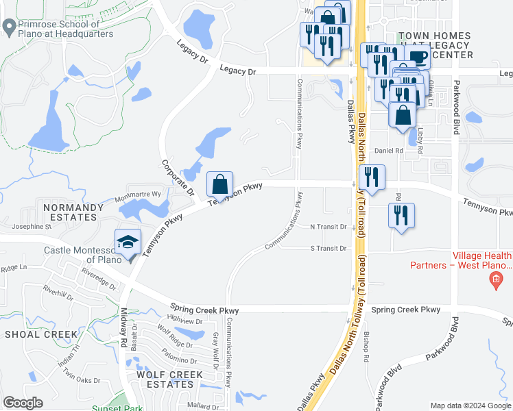 map of restaurants, bars, coffee shops, grocery stores, and more near 6200 Tennyson Parkway in Plano