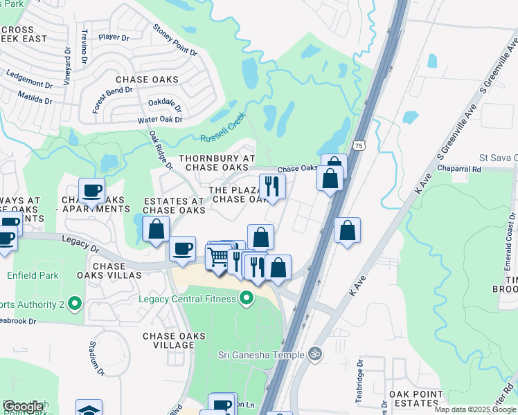 map of restaurants, bars, coffee shops, grocery stores, and more near 7201 N Central Expy in Plano