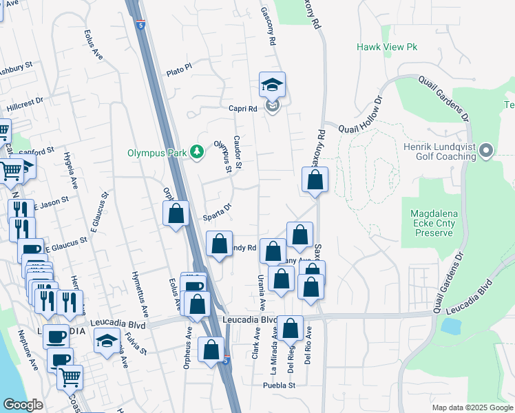 map of restaurants, bars, coffee shops, grocery stores, and more near 1236 Urania Avenue in Encinitas