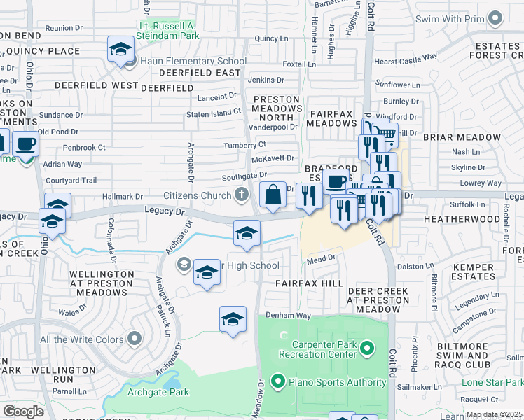map of restaurants, bars, coffee shops, grocery stores, and more near 7001 Carta Valley Drive in Plano