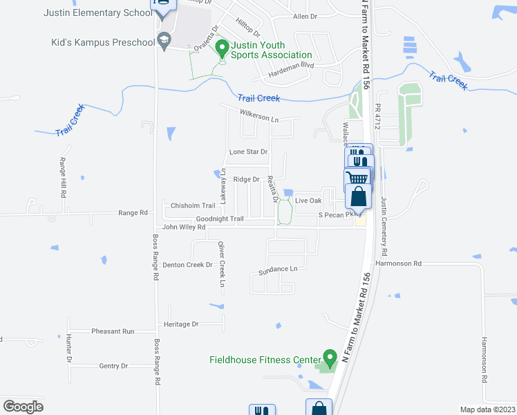 map of restaurants, bars, coffee shops, grocery stores, and more near 105 Santa Fe Trail in Justin