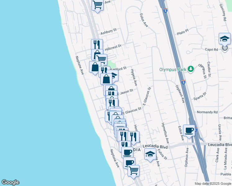 map of restaurants, bars, coffee shops, grocery stores, and more near 1251 North Vulcan Avenue in Encinitas