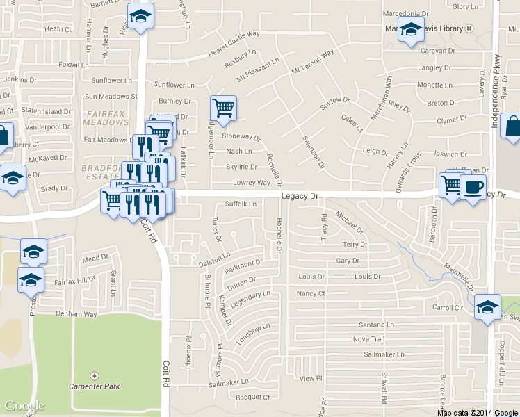 map of restaurants, bars, coffee shops, grocery stores, and more near 3808 Beaumont Lane in Plano