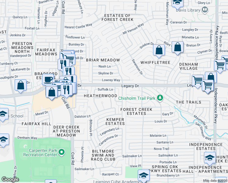 map of restaurants, bars, coffee shops, grocery stores, and more near 3808 Beaumont Lane in Plano