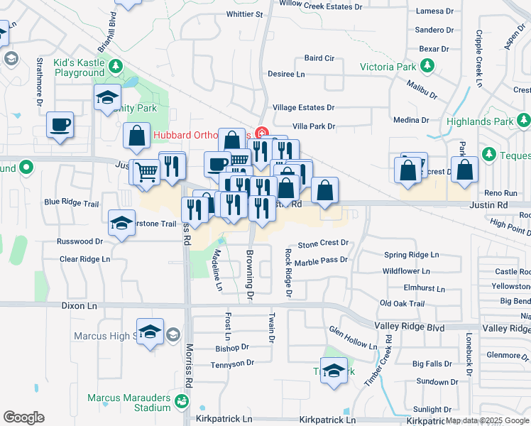map of restaurants, bars, coffee shops, grocery stores, and more near 6212 Browning Drive in Flower Mound