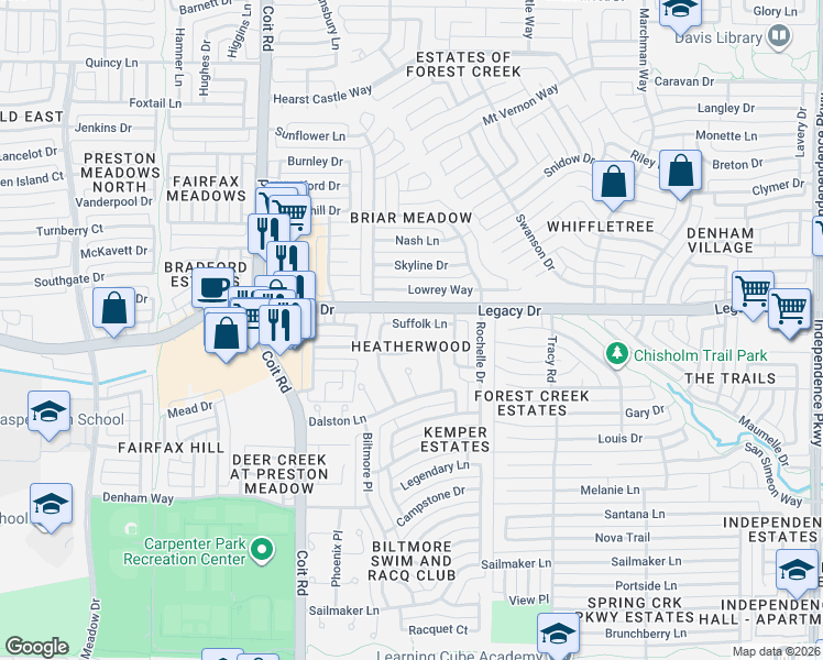 map of restaurants, bars, coffee shops, grocery stores, and more near 3853 Beaumont Lane in Plano
