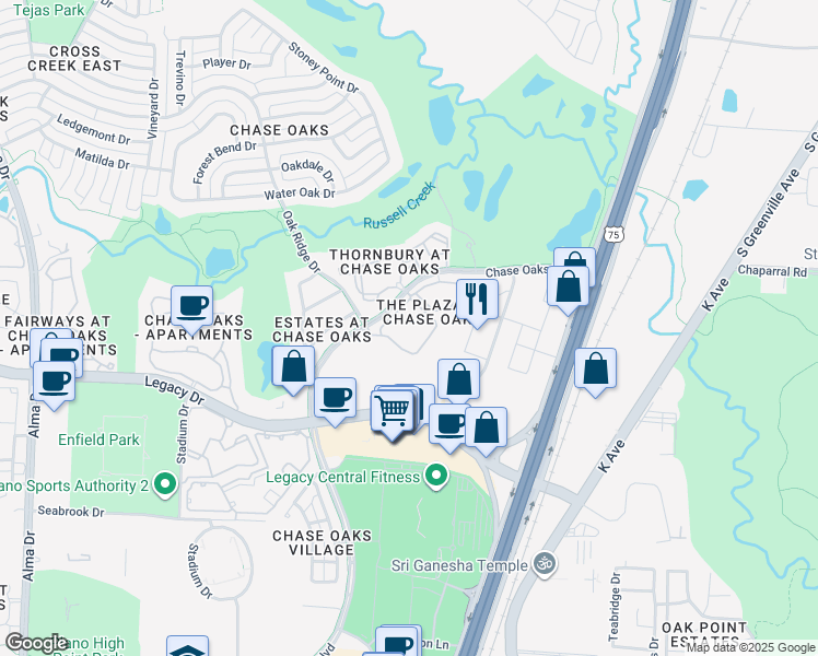 map of restaurants, bars, coffee shops, grocery stores, and more near 7100 Chase Oaks Boulevard in Plano