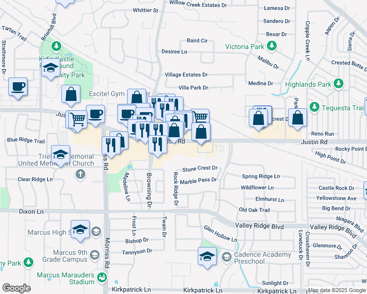 map of restaurants, bars, coffee shops, grocery stores, and more near 1805 Justin Road in Flower Mound