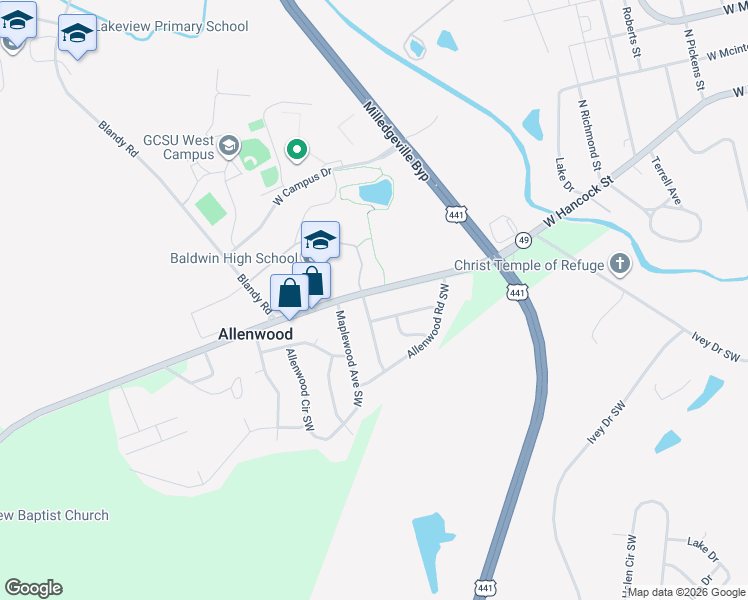 map of restaurants, bars, coffee shops, grocery stores, and more near 104 Sycamore Road Southwest in Milledgeville