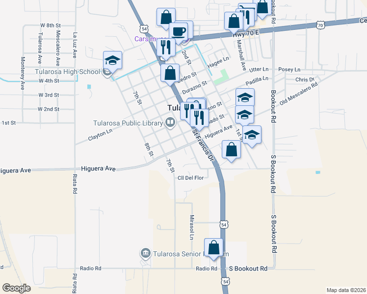 map of restaurants, bars, coffee shops, grocery stores, and more near Calle Sandoval in Tularosa