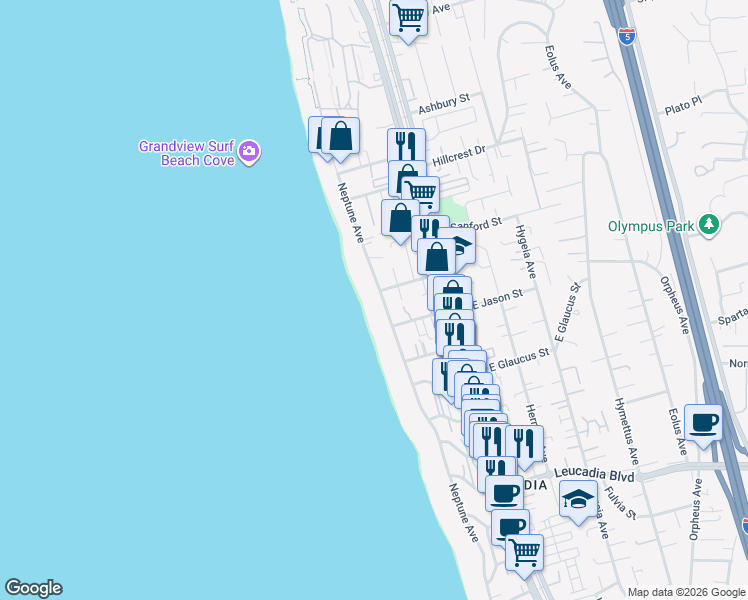 map of restaurants, bars, coffee shops, grocery stores, and more near 1366 Neptune Avenue in Encinitas