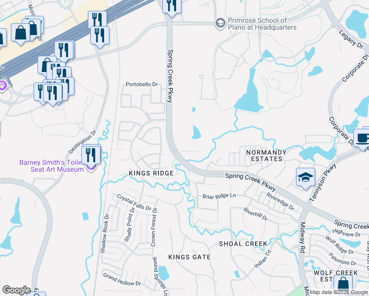 map of restaurants, bars, coffee shops, grocery stores, and more near 6778-6798 W Spring Creek Pkwy in Plano