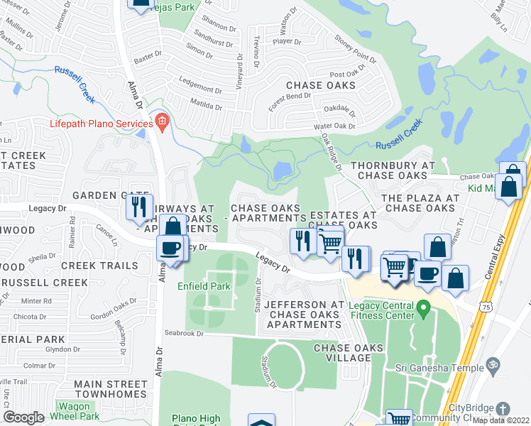 map of restaurants, bars, coffee shops, grocery stores, and more near 701 Legacy Drive in Plano