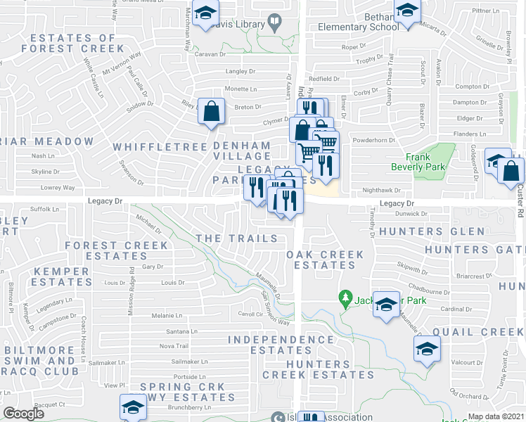 map of restaurants, bars, coffee shops, grocery stores, and more near 6921 Independence Parkway in Plano