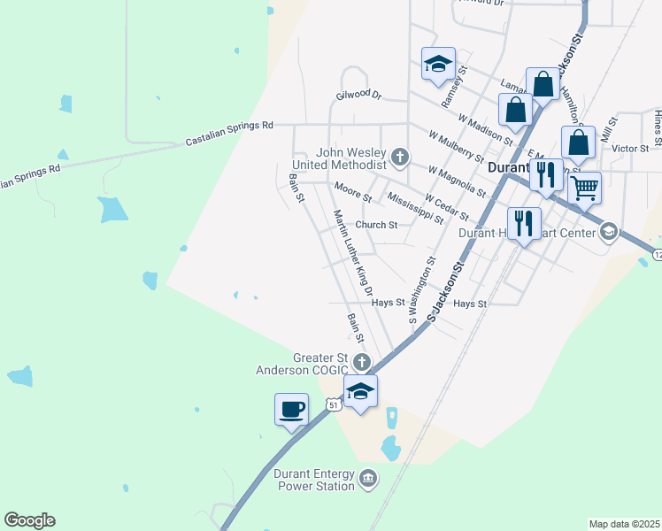 map of restaurants, bars, coffee shops, grocery stores, and more near Bain Street in Durant