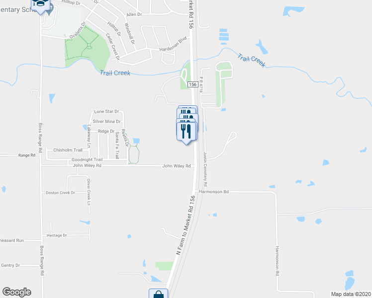 map of restaurants, bars, coffee shops, grocery stores, and more near Farm to Market Road 156 in Justin