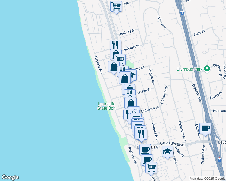 map of restaurants, bars, coffee shops, grocery stores, and more near 170 West Jason Street in Encinitas