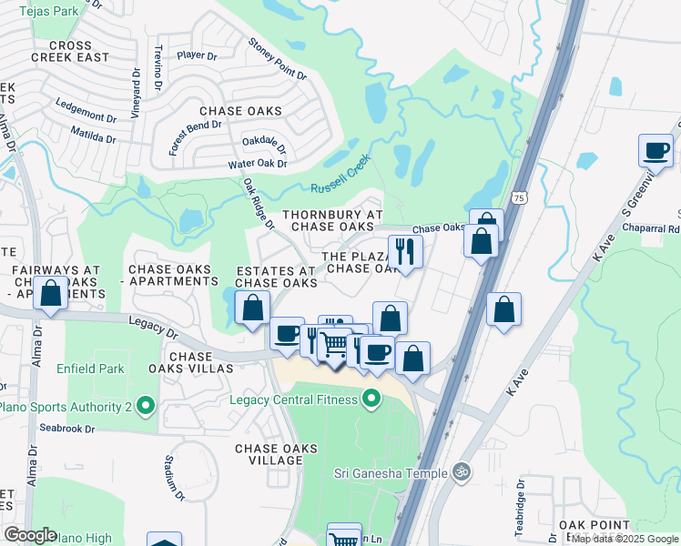 map of restaurants, bars, coffee shops, grocery stores, and more near 7100 Chase Oaks Boulevard in Plano