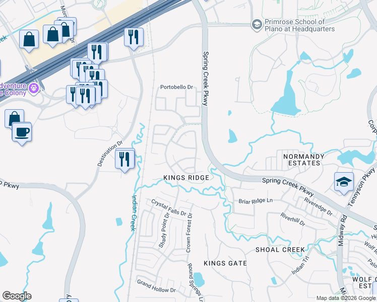 map of restaurants, bars, coffee shops, grocery stores, and more near 6900 Cannon Falls Drive in Plano