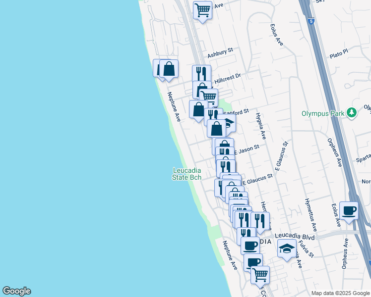 map of restaurants, bars, coffee shops, grocery stores, and more near 1370 Neptune Avenue in Encinitas