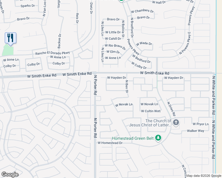 map of restaurants, bars, coffee shops, grocery stores, and more near 41280 West Sanders Way in Maricopa