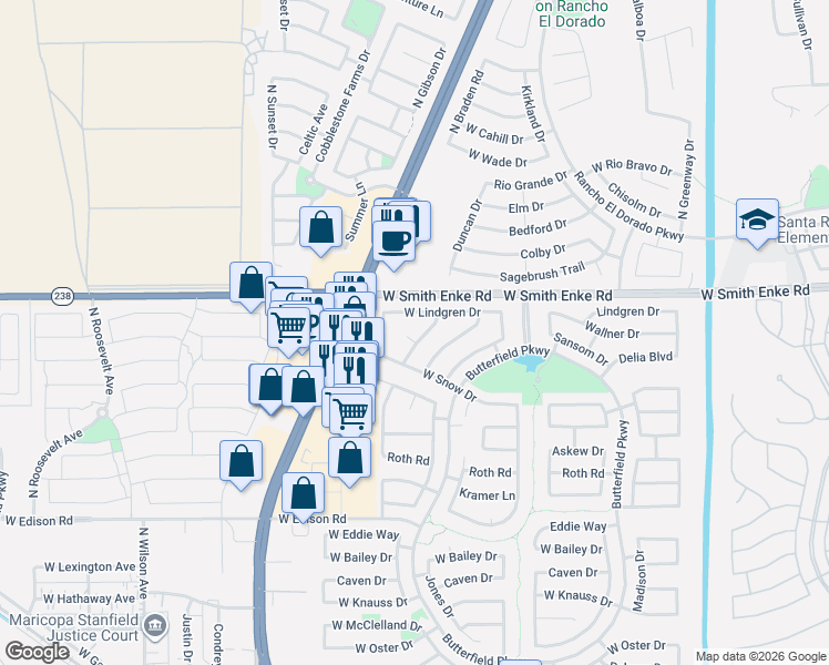 map of restaurants, bars, coffee shops, grocery stores, and more near 44170 McIntosh Circle in Maricopa
