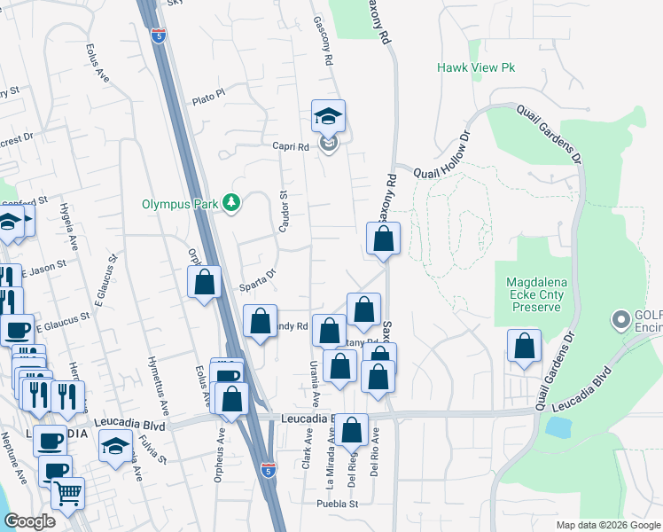 map of restaurants, bars, coffee shops, grocery stores, and more near 821 Sandy Court in Encinitas