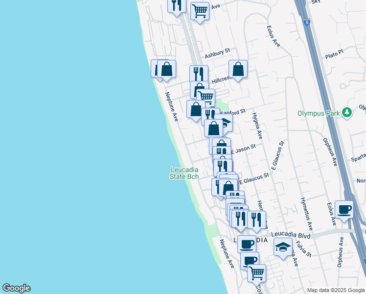 map of restaurants, bars, coffee shops, grocery stores, and more near 1370 Neptune Avenue in Encinitas