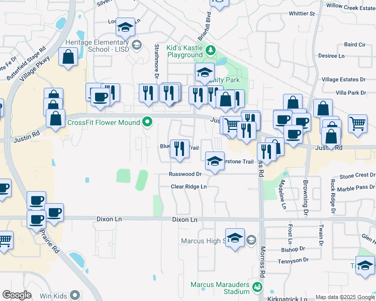 map of restaurants, bars, coffee shops, grocery stores, and more near 2505 Blue Ridge Trail in Flower Mound