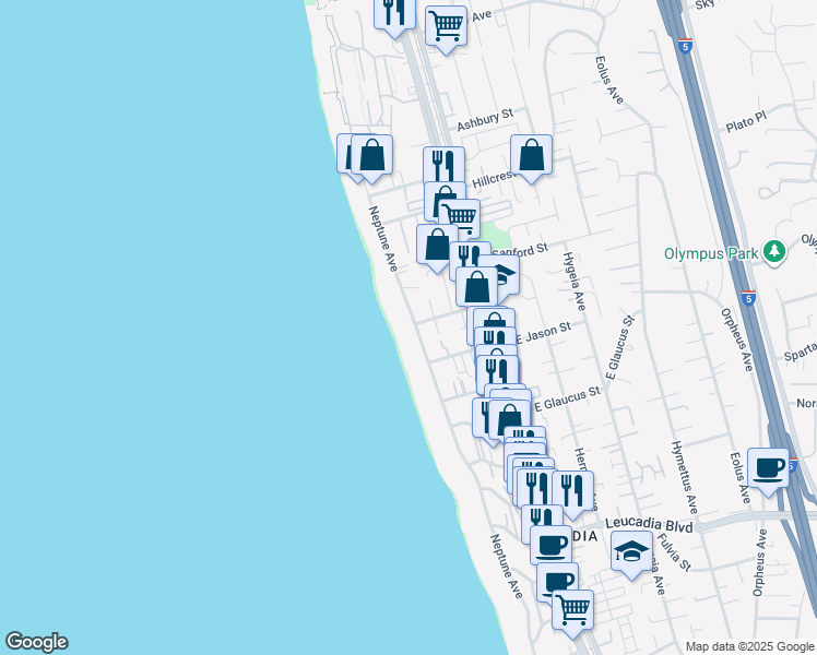map of restaurants, bars, coffee shops, grocery stores, and more near 1431 Neptune Avenue in Encinitas