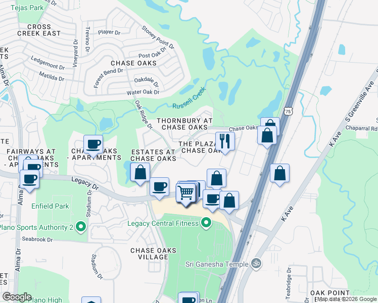map of restaurants, bars, coffee shops, grocery stores, and more near 7112 Chase Oaks Boulevard in Plano