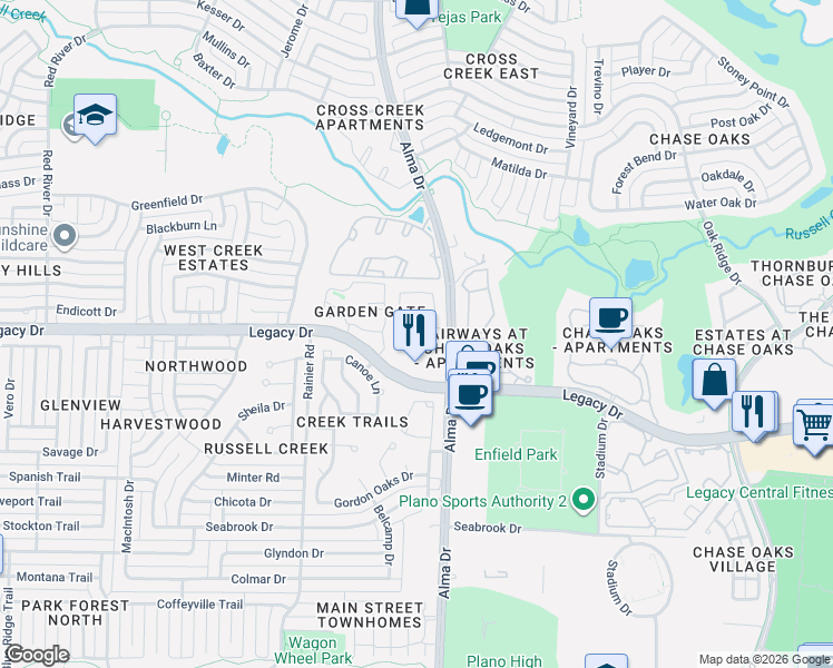 map of restaurants, bars, coffee shops, grocery stores, and more near 929 Cypress Creek Drive in Plano