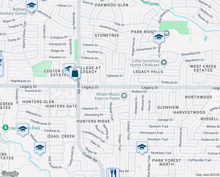 map of restaurants, bars, coffee shops, grocery stores, and more near 1932 Kiestwood Circle in Plano
