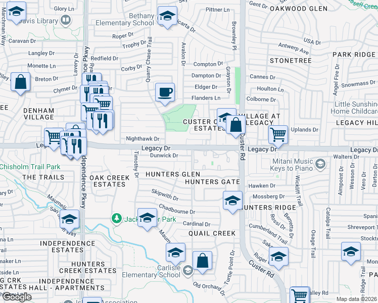 map of restaurants, bars, coffee shops, grocery stores, and more near 2332 Terping Place in Plano