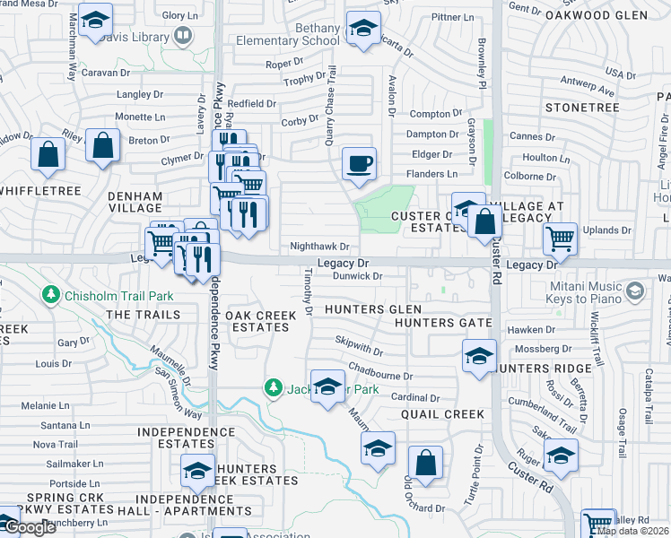 map of restaurants, bars, coffee shops, grocery stores, and more near 2504 Nighthawk Drive in Plano