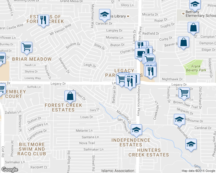 map of restaurants, bars, coffee shops, grocery stores, and more near 3208 Blenheim Court in Plano