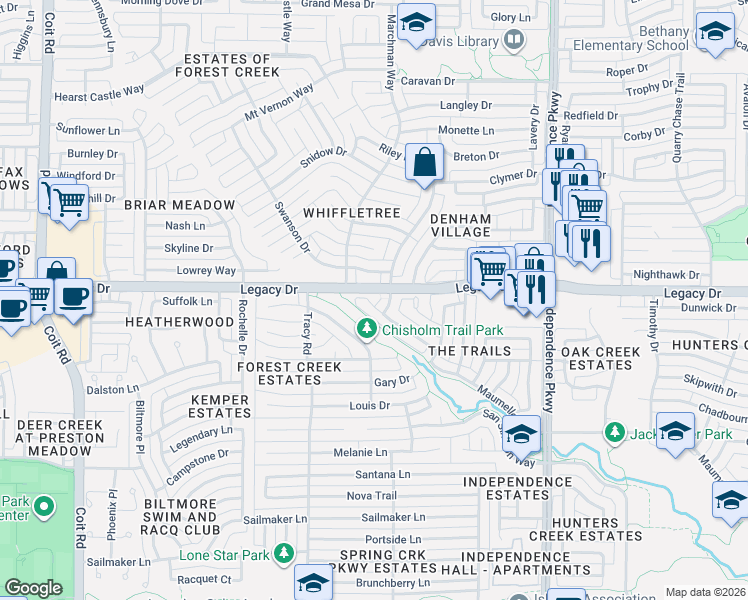 map of restaurants, bars, coffee shops, grocery stores, and more near 3300 Swanson Drive in Plano