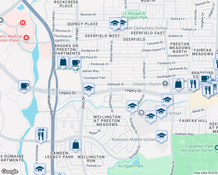 map of restaurants, bars, coffee shops, grocery stores, and more near 4613 Hallmark Drive in Plano