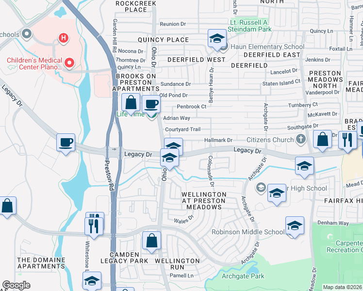 map of restaurants, bars, coffee shops, grocery stores, and more near 4665 Hallmark Drive in Plano