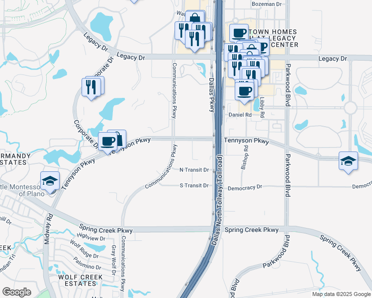 map of restaurants, bars, coffee shops, grocery stores, and more near 6008-6094 Tennyson Parkway in Plano
