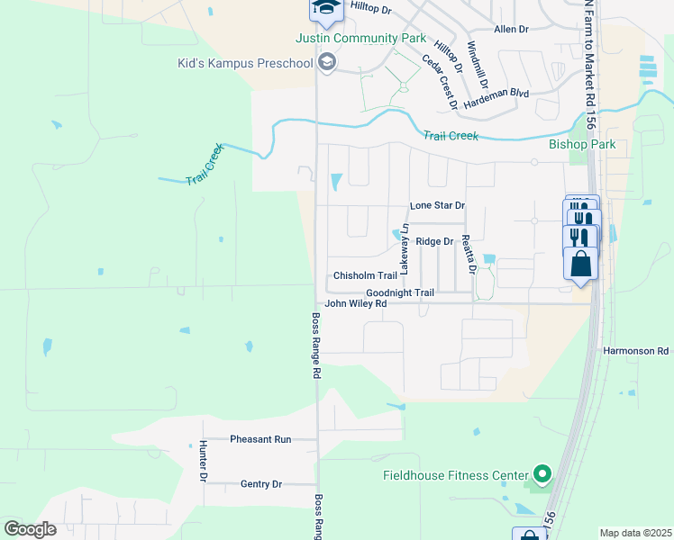 map of restaurants, bars, coffee shops, grocery stores, and more near 459 Chisholm Trail in Justin