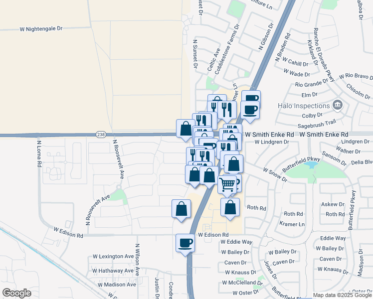 map of restaurants, bars, coffee shops, grocery stores, and more near 44714 Alamendras Street in Maricopa