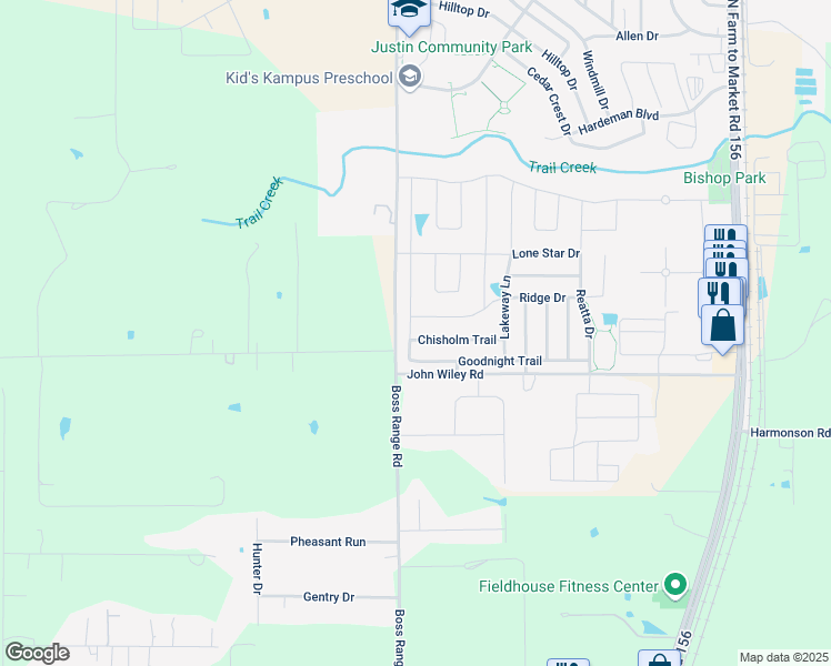 map of restaurants, bars, coffee shops, grocery stores, and more near 459 Chisholm Trail in Justin