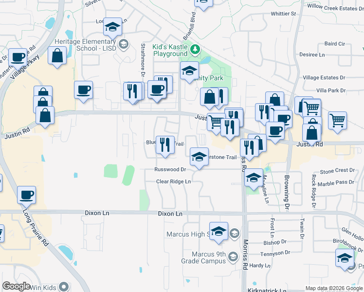 map of restaurants, bars, coffee shops, grocery stores, and more near 6304 Prairie Hill Lane in Flower Mound