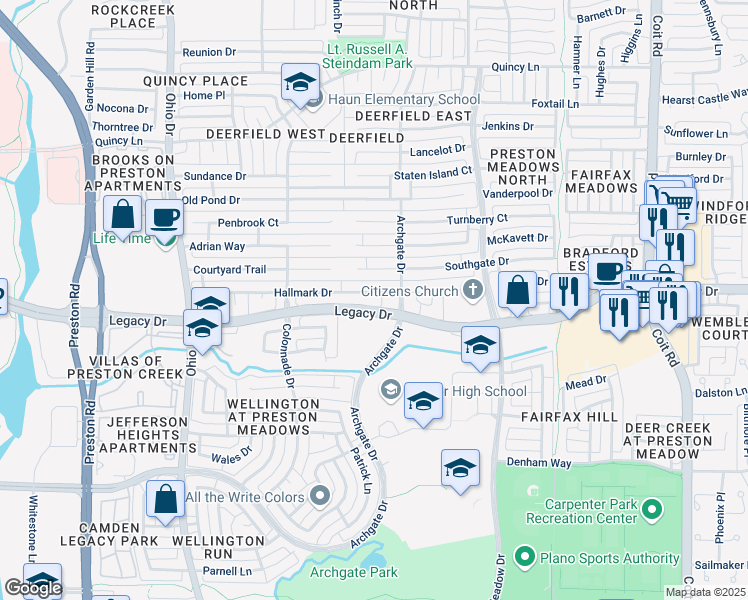 map of restaurants, bars, coffee shops, grocery stores, and more near 4565 Hallmark Drive in Plano