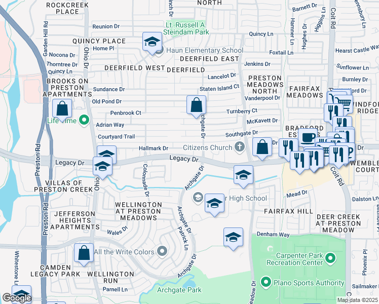 map of restaurants, bars, coffee shops, grocery stores, and more near 4565 Hallmark Drive in Plano